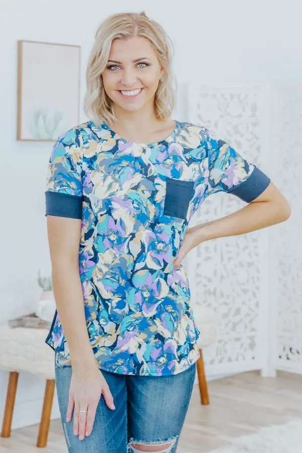 Poisonous Love Floral Color Block Pocket Short Sleeve Top In Navy 1