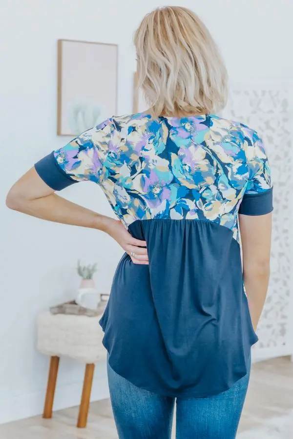 Poisonous Love Floral Color Block Pocket Short Sleeve Top In Navy 2