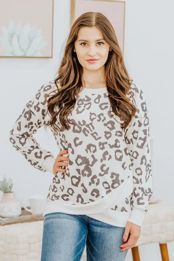 Good Work Pays Off Cheetah Front Wrap Long Sleeve Top In Off White 1