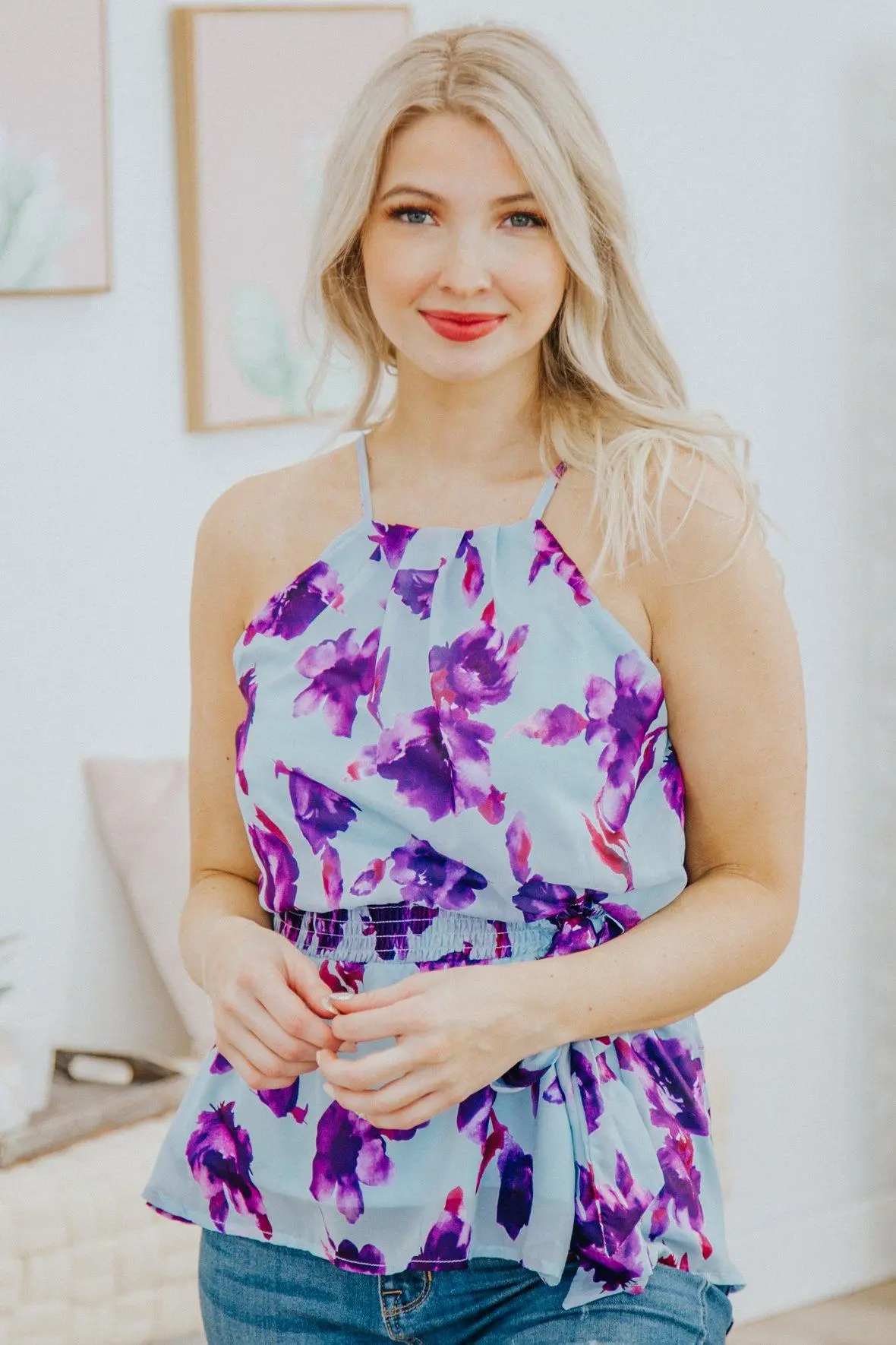 Speak Truth Floral Smocked High Waist Sleeveless Tank Top In Blue Violet 1
