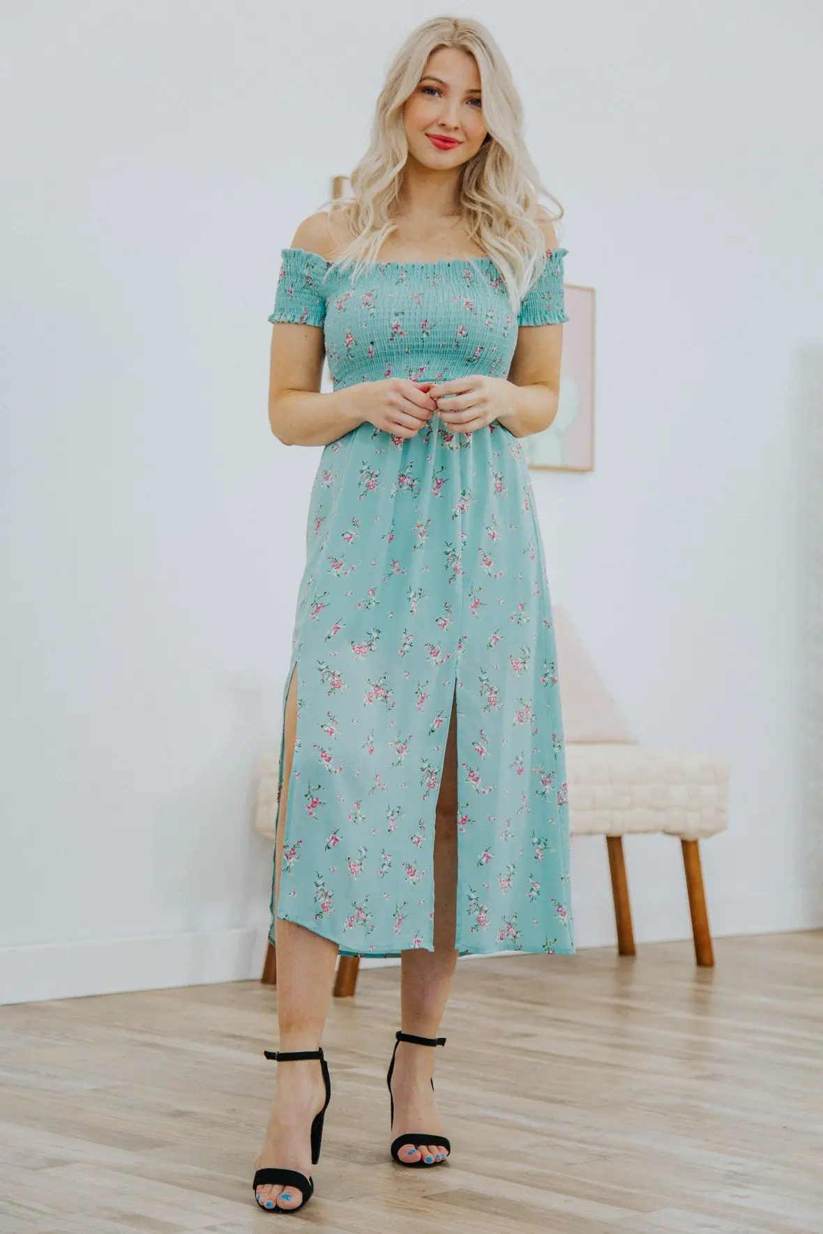 Can't Believe It Floral Smocking Off The Shoulder Side Slit Dress In Turquoise 1