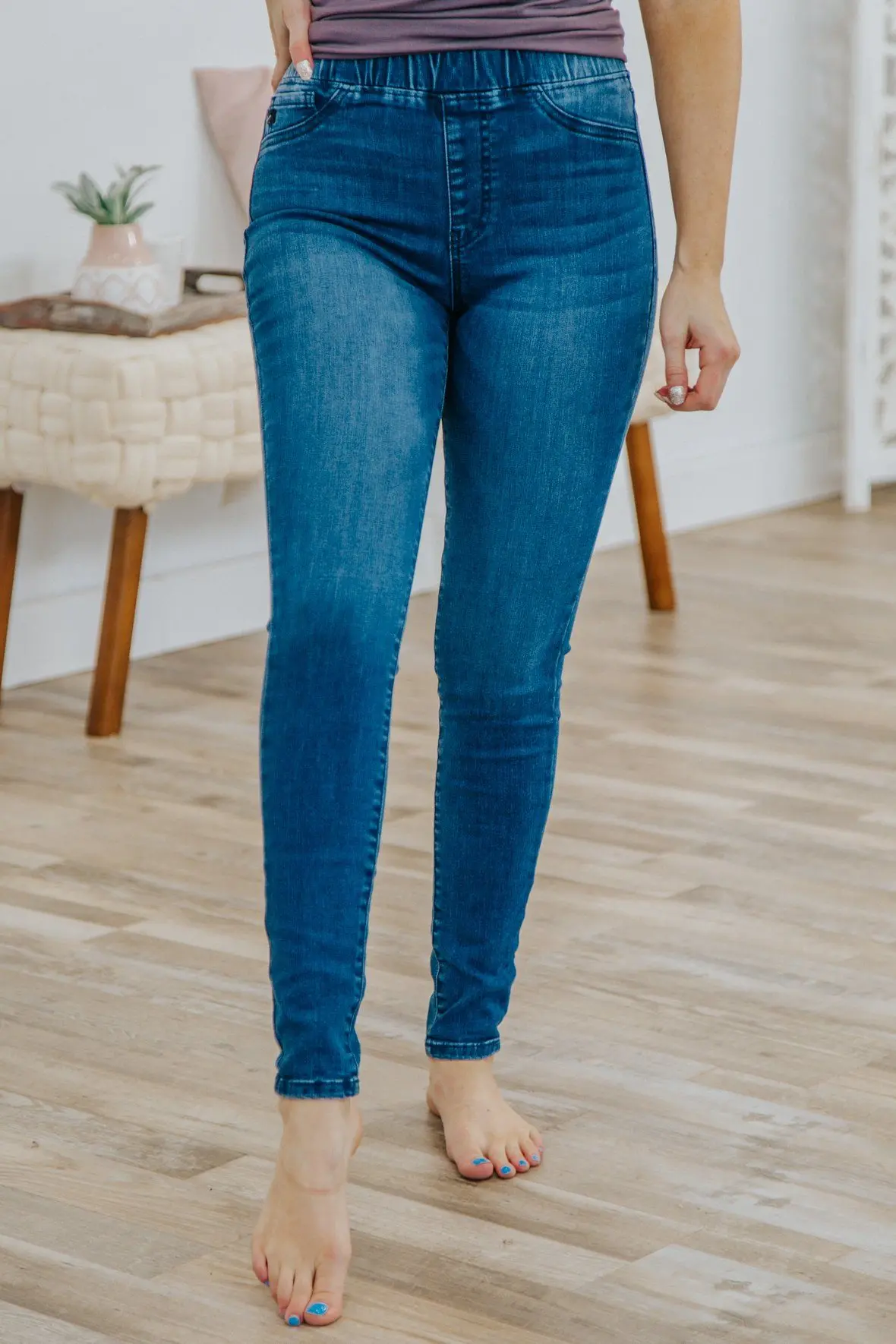 Old Product - Karessa Kancan High Rise Elastic Band Medium Wash Jeggings 1