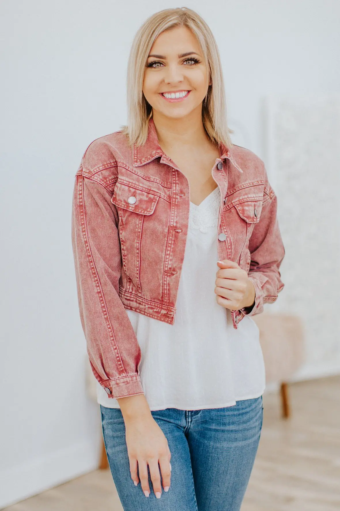 Never Felt This Good Acid Washed Denim Long Sleeve Jacket In Marsala 1