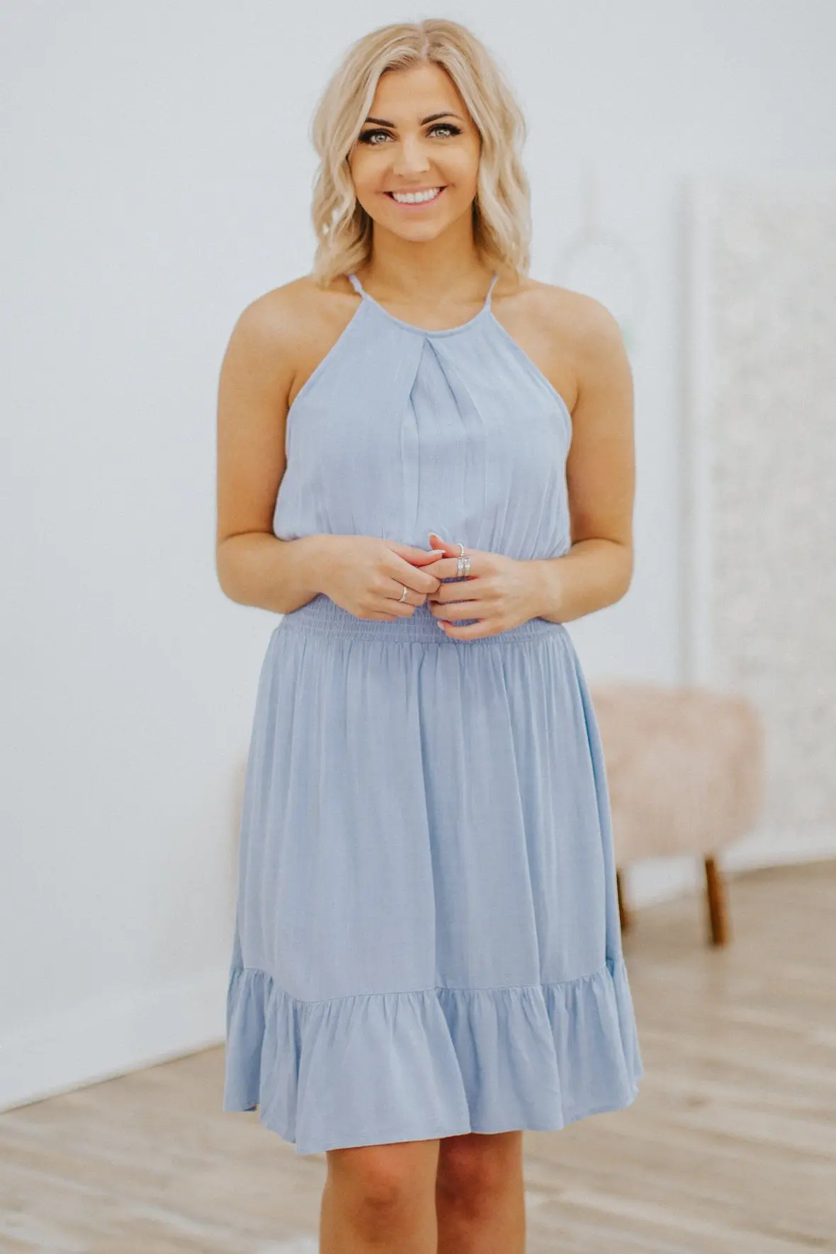I Feel The Spirit Smocked Waist Sleeveless Short Dress In Chambray 1