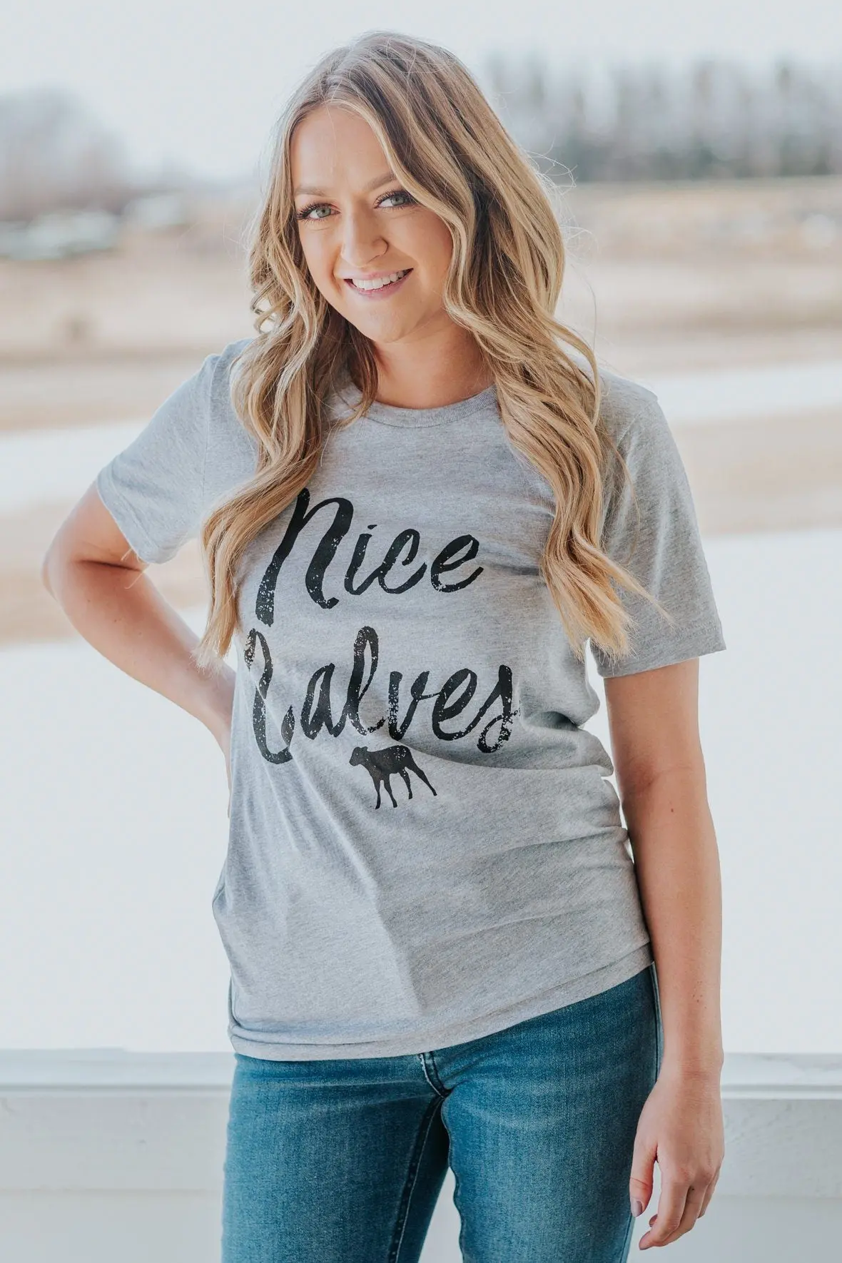 "Nice Calves" Printed Short Sleeve Top In Grey 1