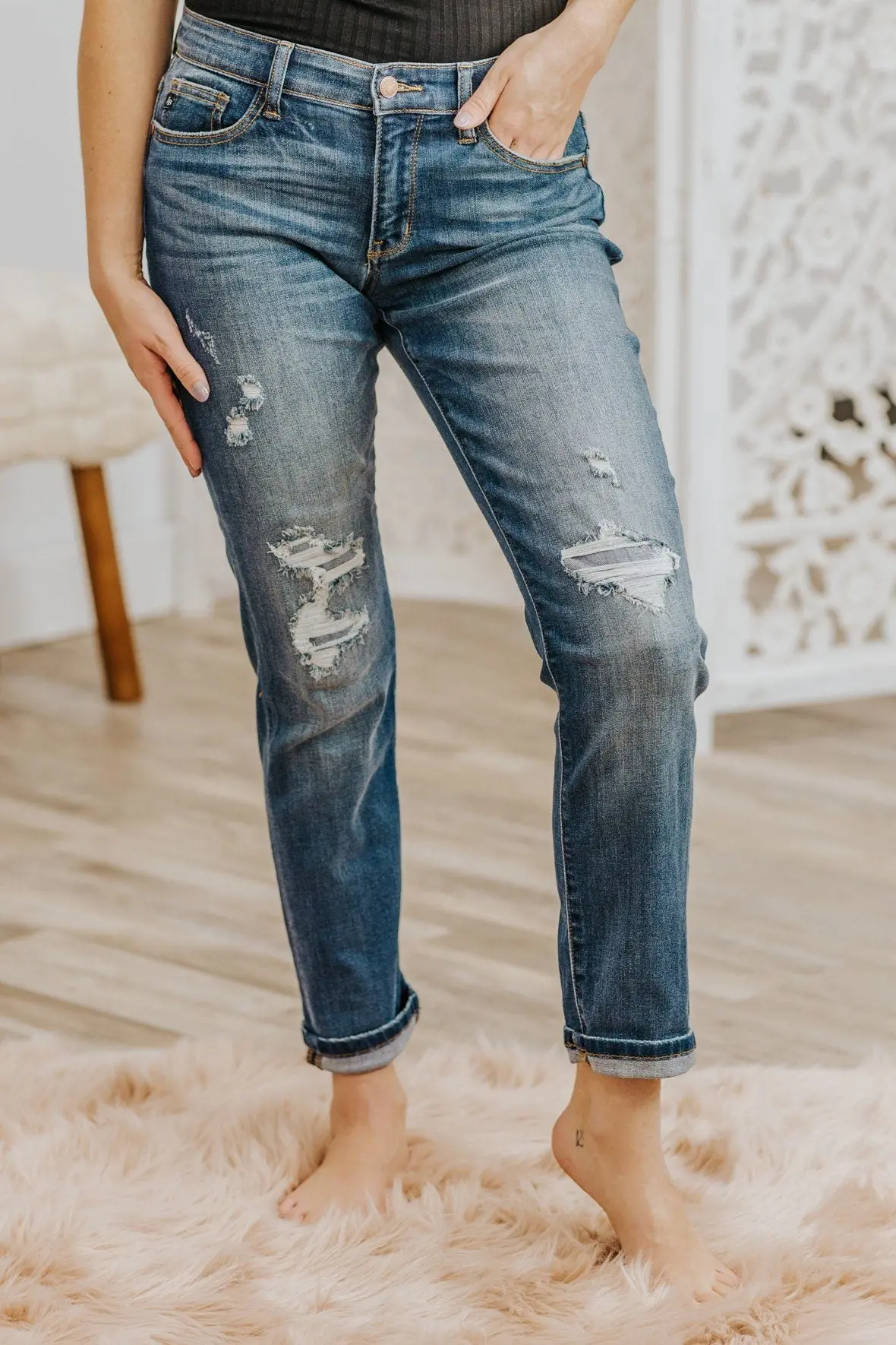 Jaguar Judy Blue Cuffed Distressed Medium Wash Boyfriend Jeans 1