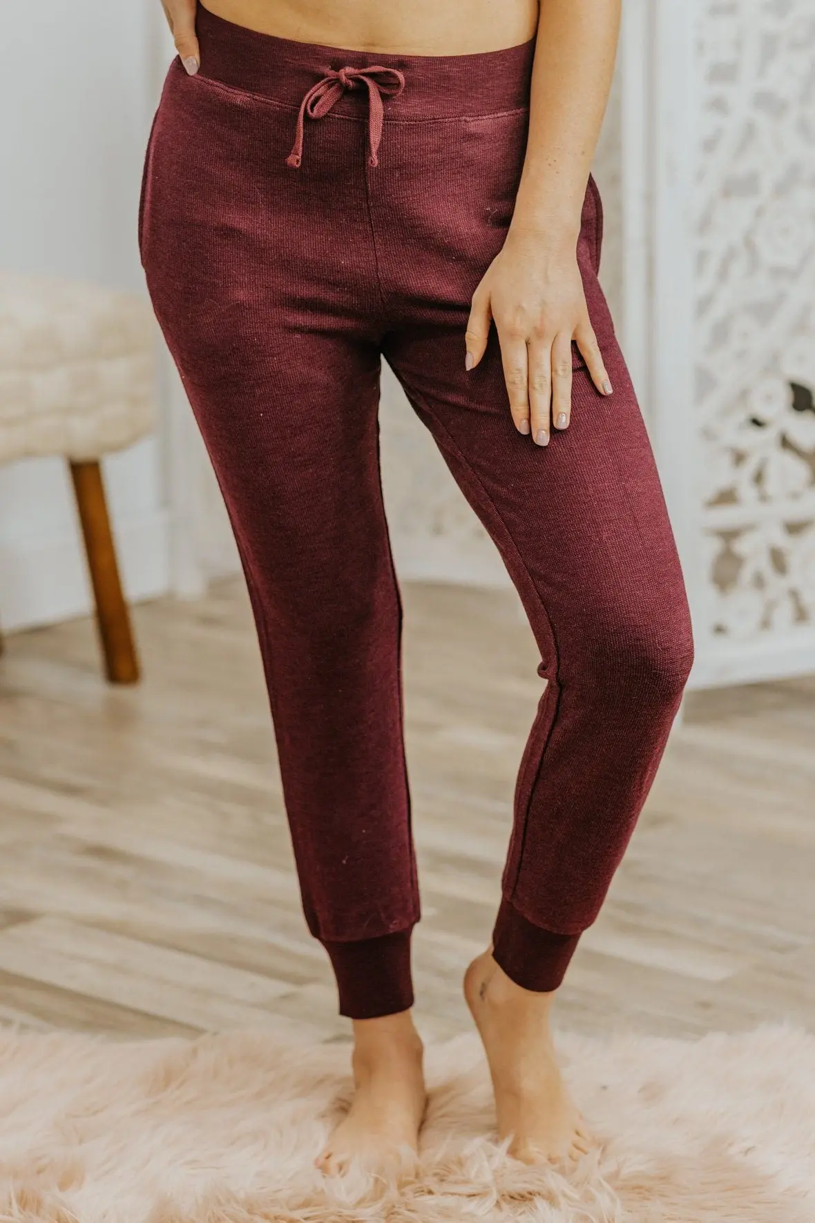 Curl Up Ribbed Elastic Tie Waist Joggers In Burgundy 1
