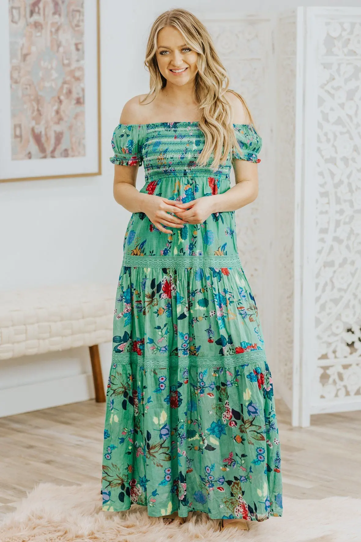 I'm Coming For You Floral Maxi Short Sleeve Dress In Green 1