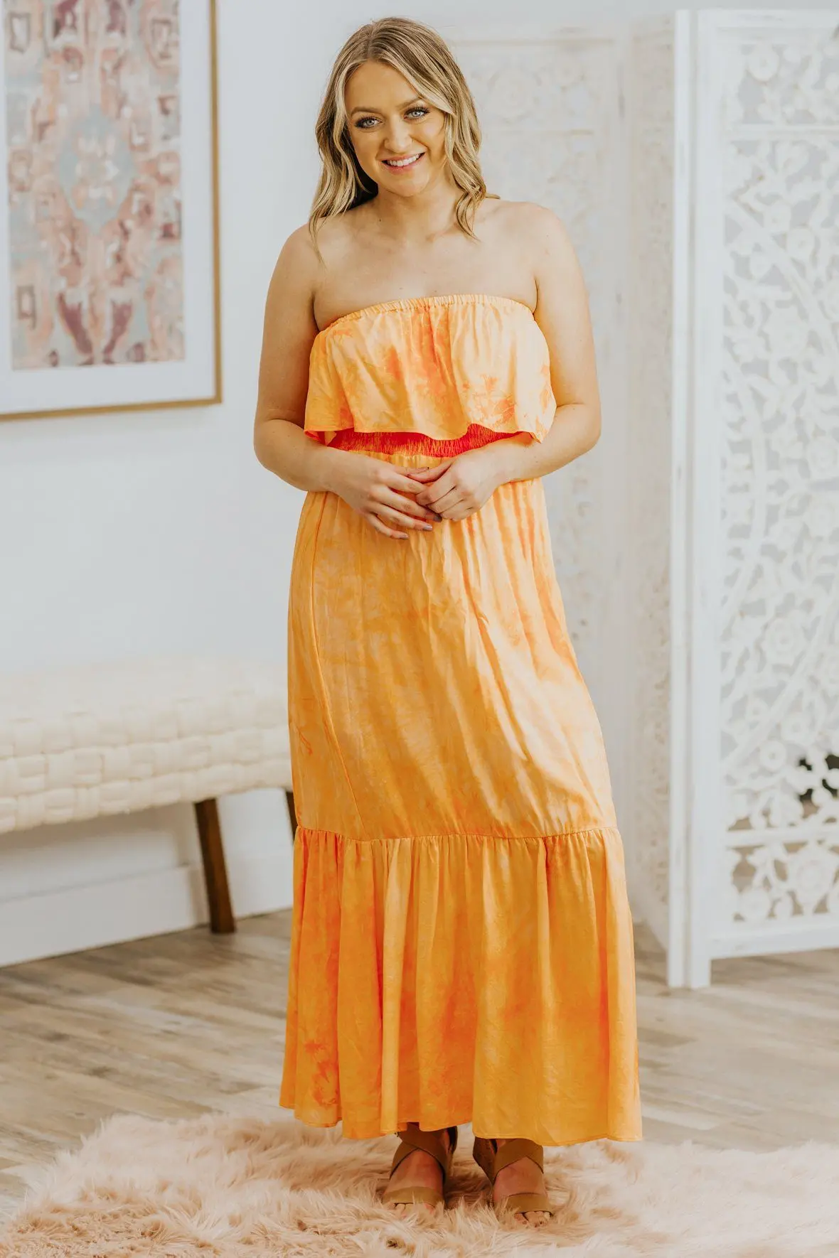 Your Love Makes Me Happy Tie Dye Strapless Dress In Orange 1