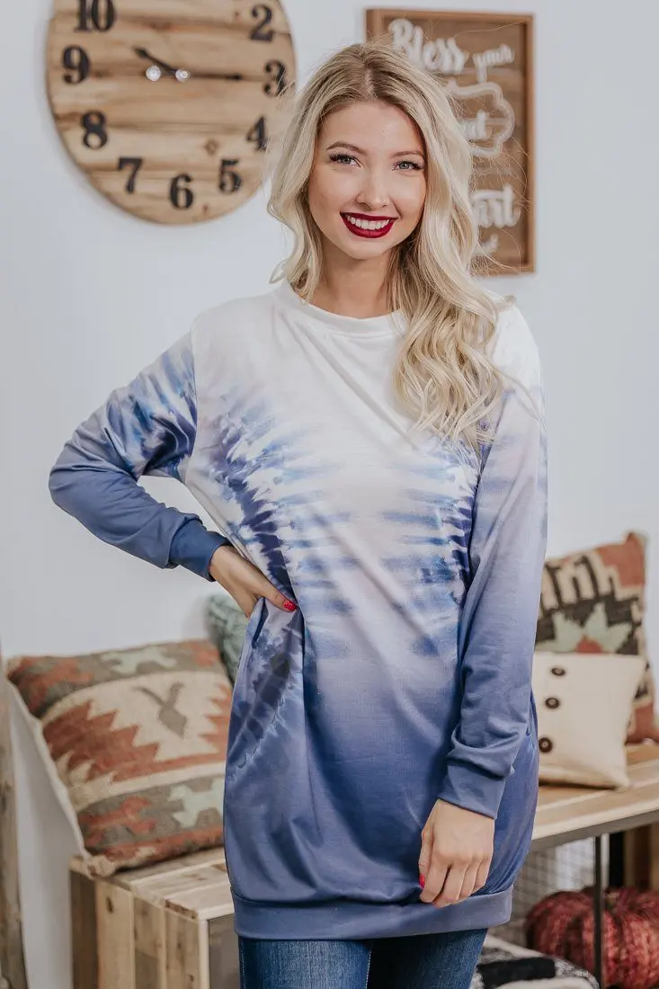 I Am Who I Am Tie Dye Long Sleeve Tunic Top In Blue Violet 1