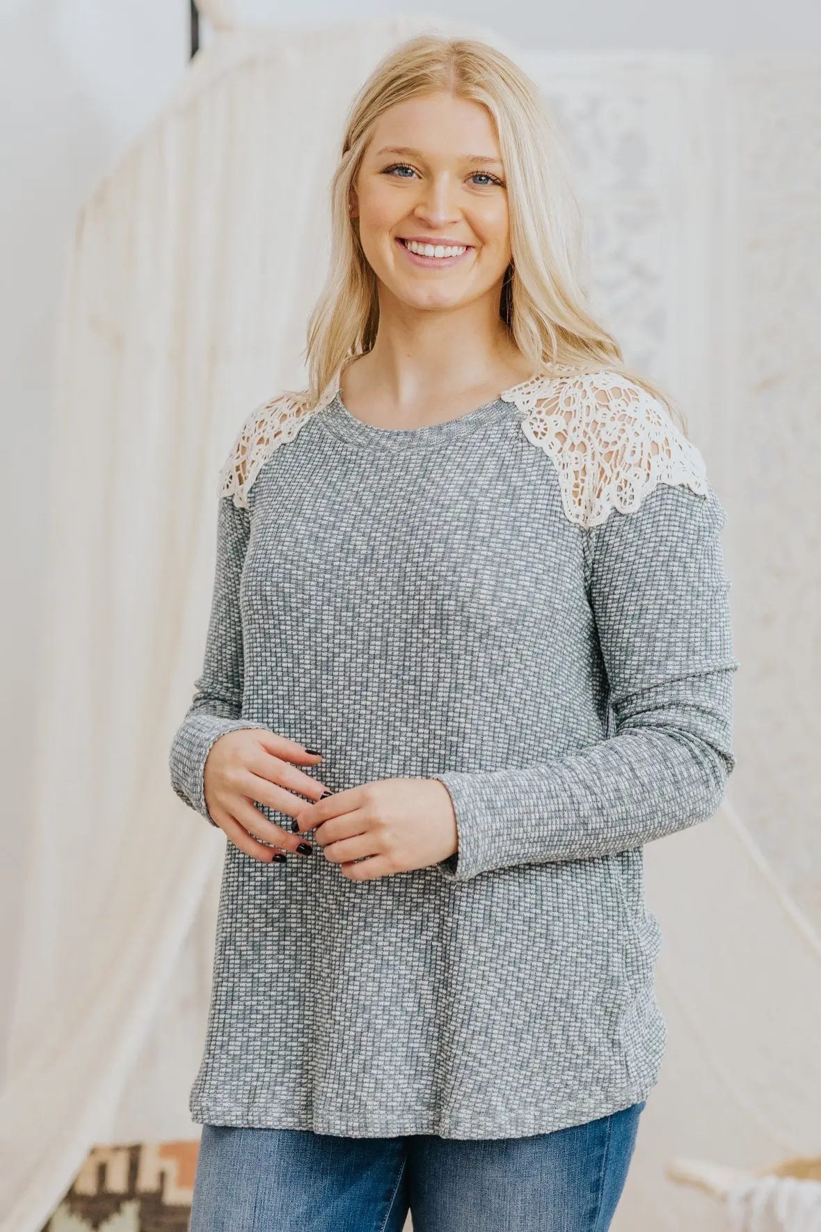 *Deal* Your Own Mantra Crochet Shoulder Detail Long Sleeve Top In Dusty Blue 1