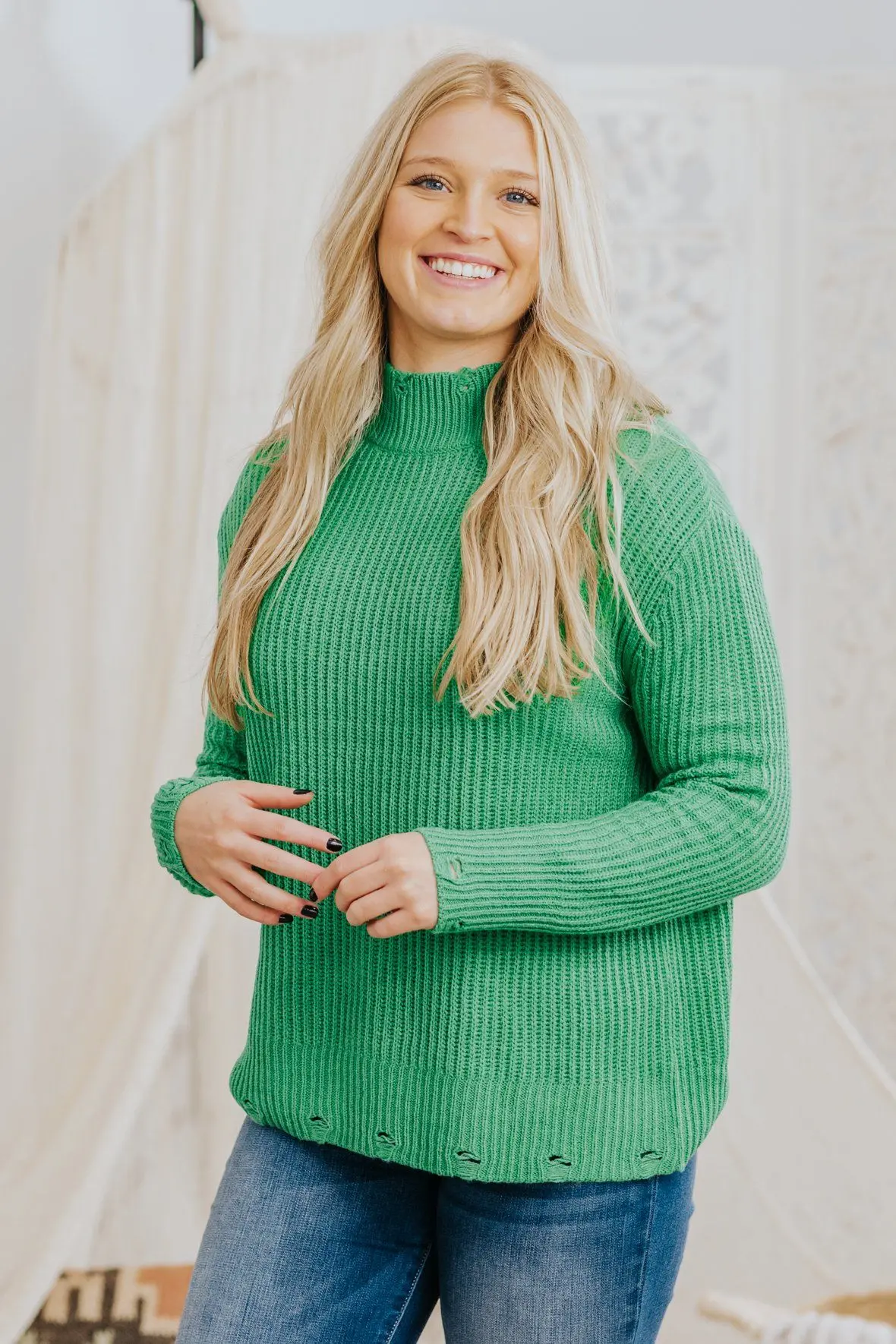Fast Forward The Week Distressed Sweater In Kelly Green 1
