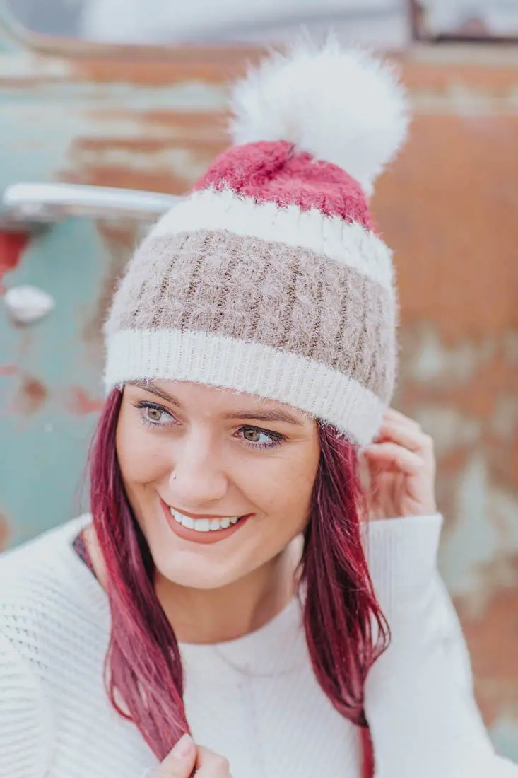 Soft Knit White Pom Pom Color Block Beanie In Burgundy Taupe 1