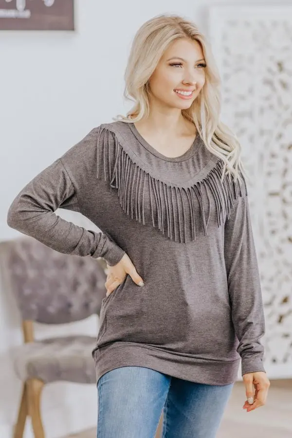 Come Dance With Me Fringe Detail Long Sleeve Top In Charcoal 1