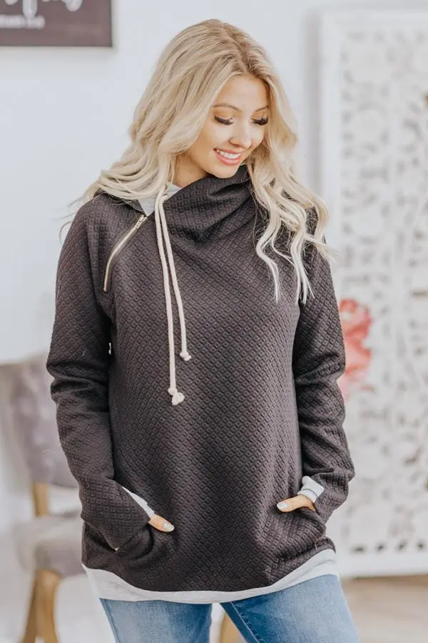 Show Up For Life Quilted Double Hooded Sweatshirt In Black 1