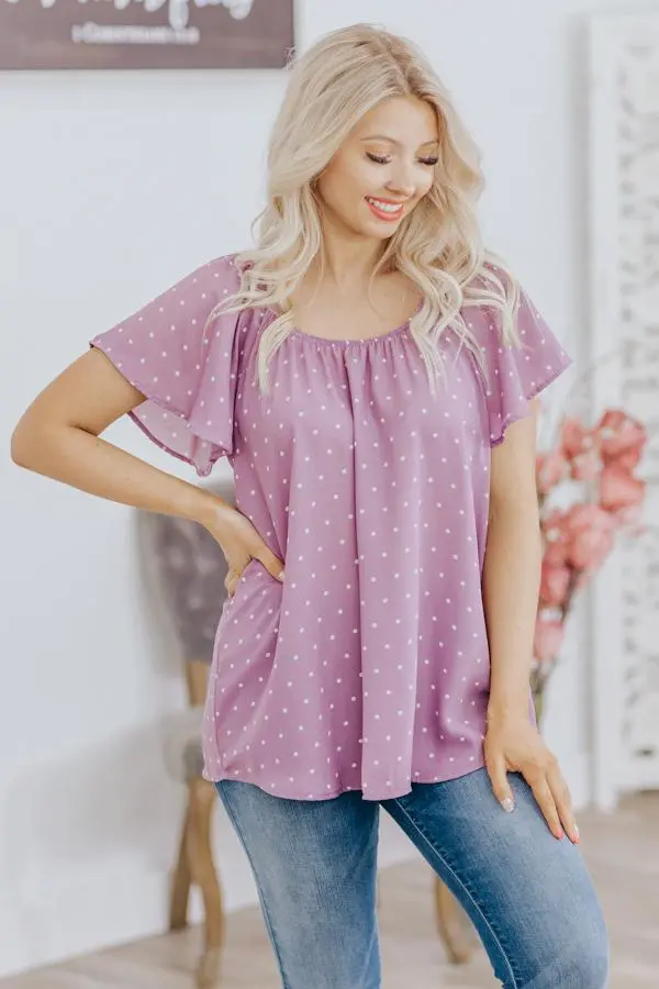 Business As Usual Polka Dot Short Sleeve Top In Lavender 1
