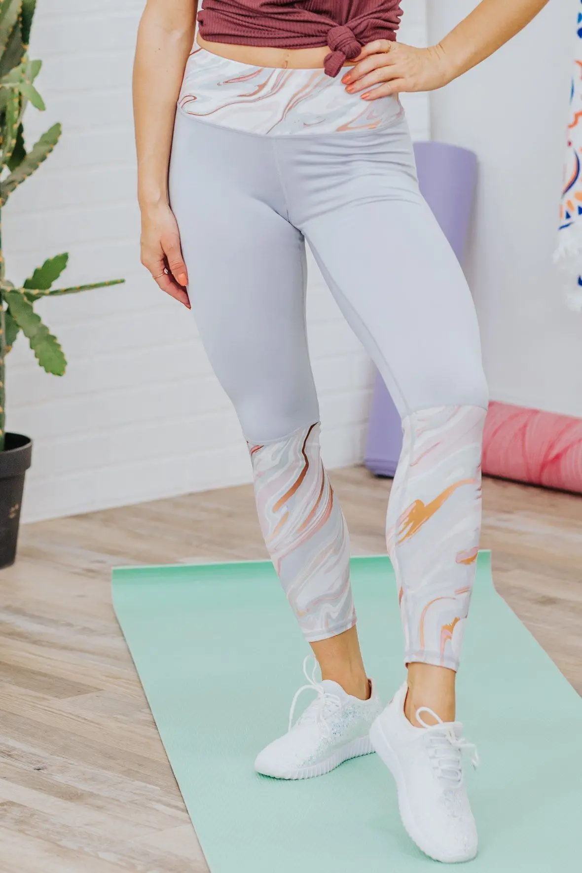 Miles To Go Before I Sleep Printed Yoga Leggings In Gray Paisley 1