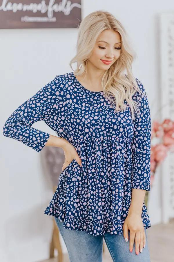 Push Yourself Leopard 3/4 Sleeve Top In Navy 1