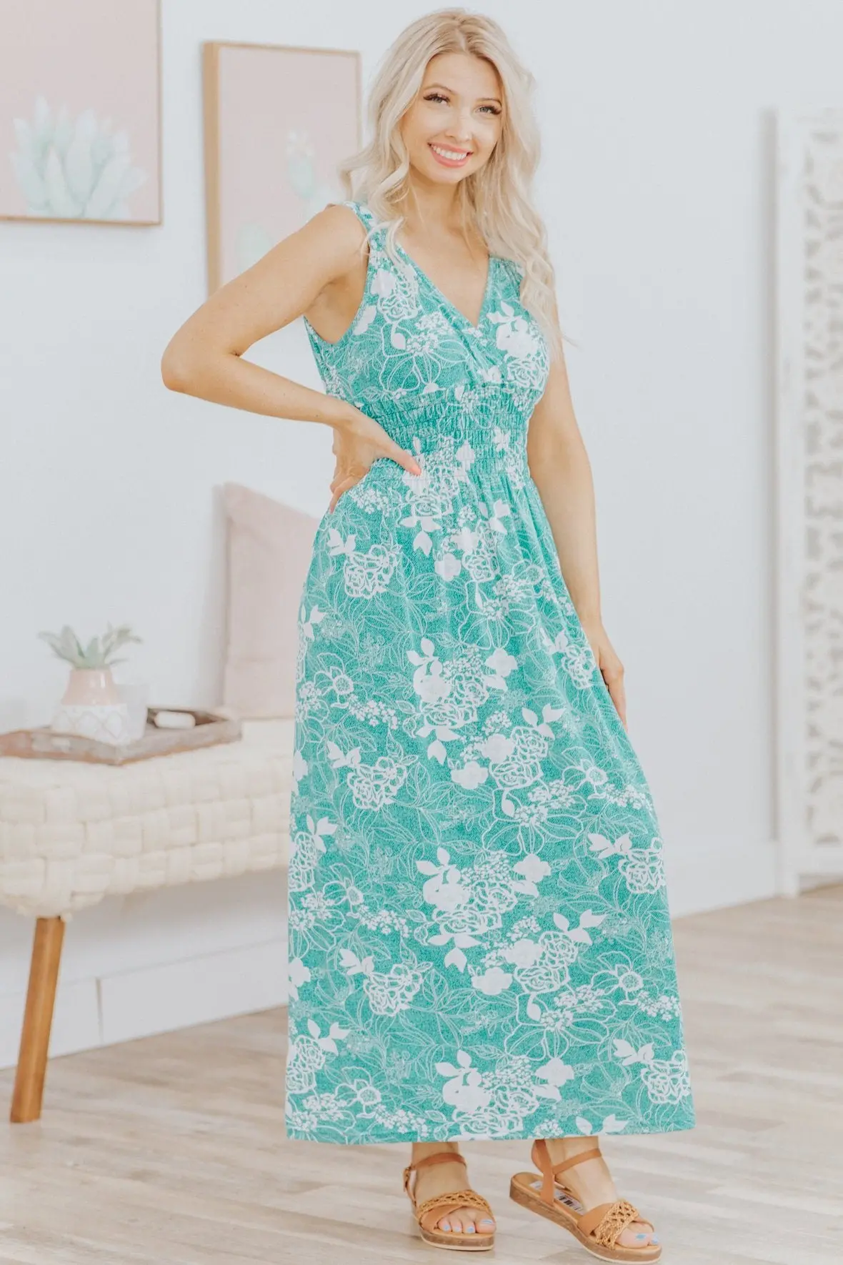 I'm A Dreamer Floral Smocked Waist Sleeveless Dress In Turquoise 1