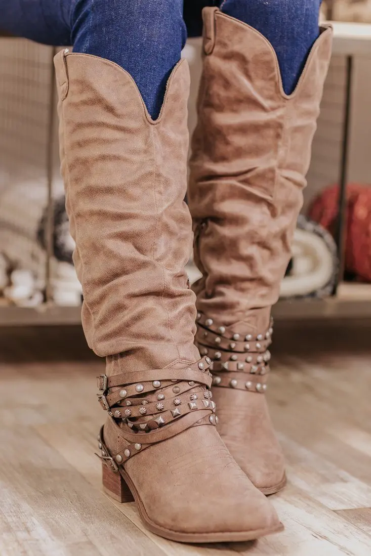 Dixie Slouchy Embellished Boots In Taupe 1