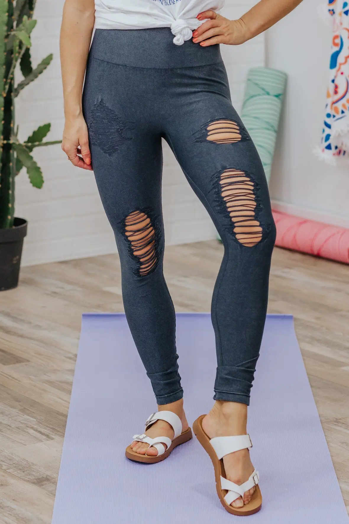 Turning It Up Some Distressed Seamless High Waist Leggings In Black 1