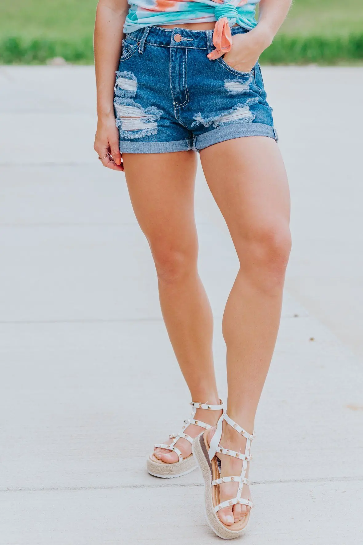 Coming Home Soon High Rise Distressed Folded Hem Medium Wash Jean Shorts 1