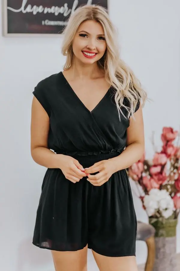 Shared Fate Ruffle Elastic Waist Pockets Short Sleeve Romper In Black 1