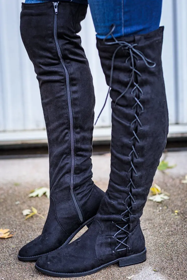 I've Got Dreams Side Lace Up Suede Tall Boot In Black 1