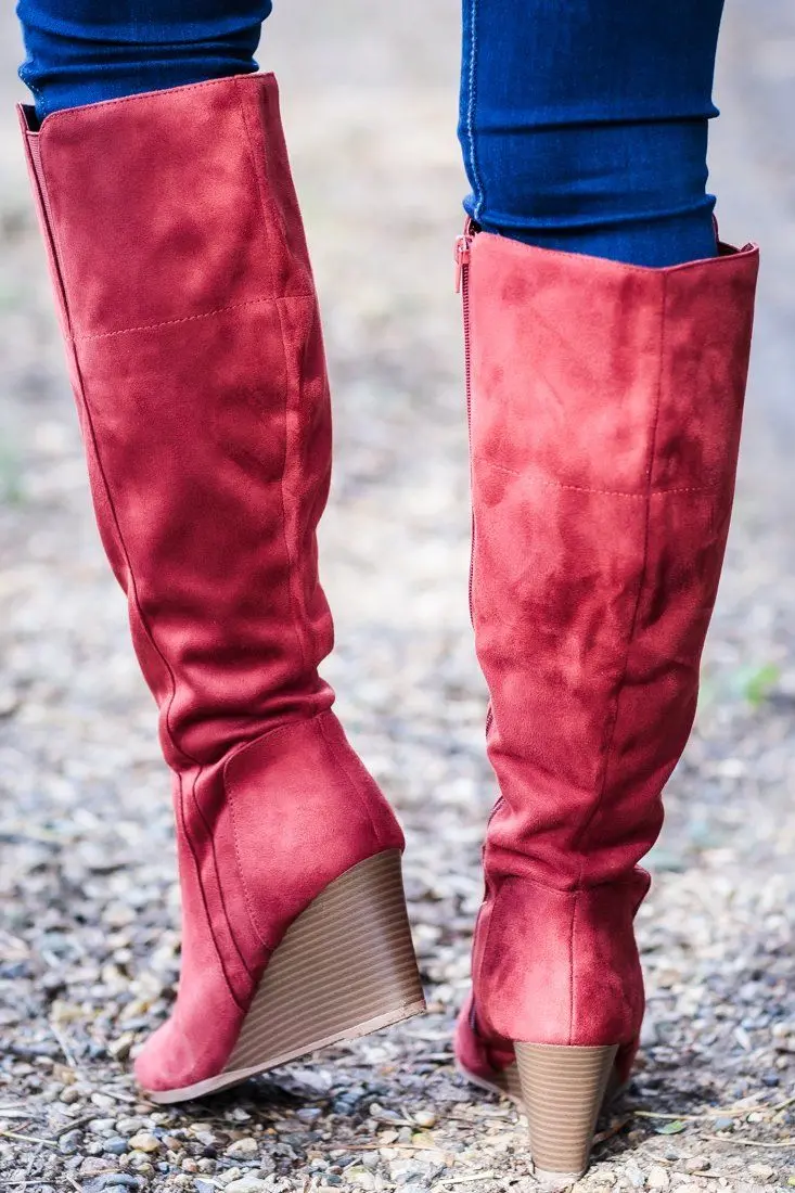 Night On The Town Suede Tall Wedge Boot In Rust 1