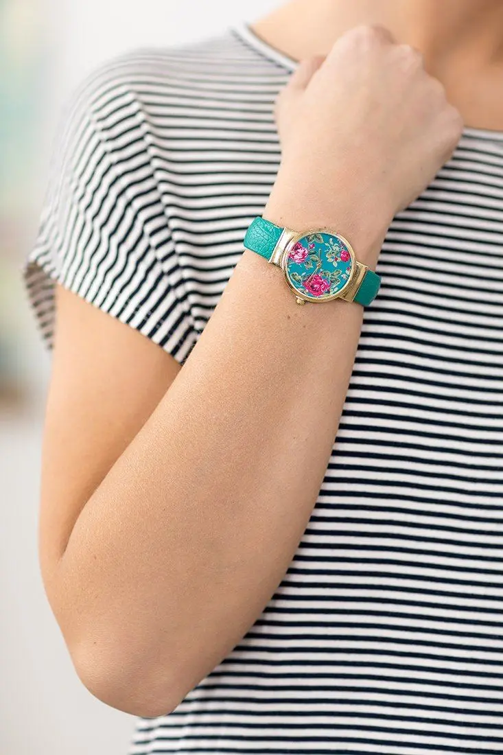 Time To Go Bangle Cuff Floral Face Watch In Jade 1