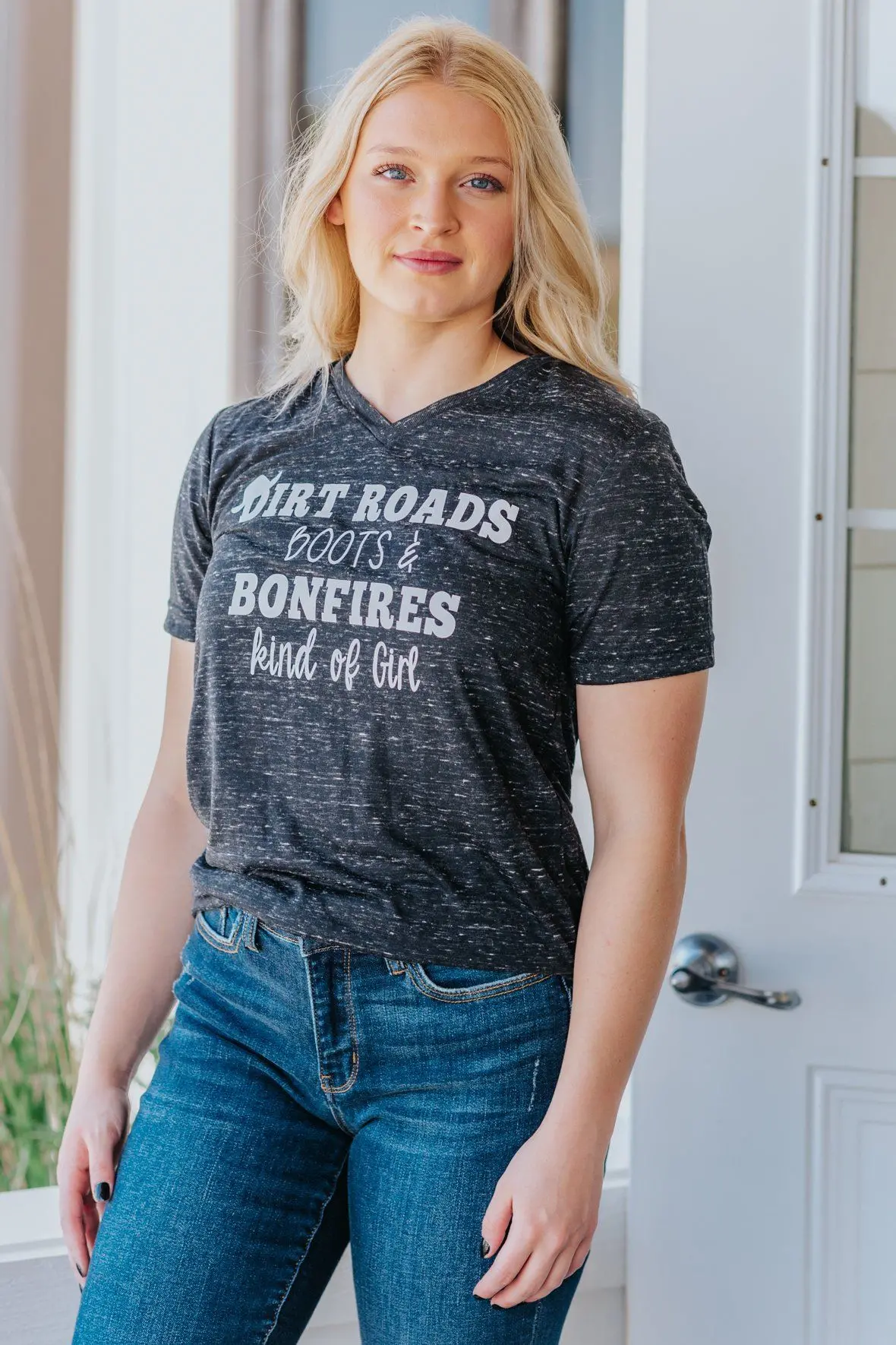Dirt Roads, Boots And Bonfires Short Sleeve Top In Heather Black 1