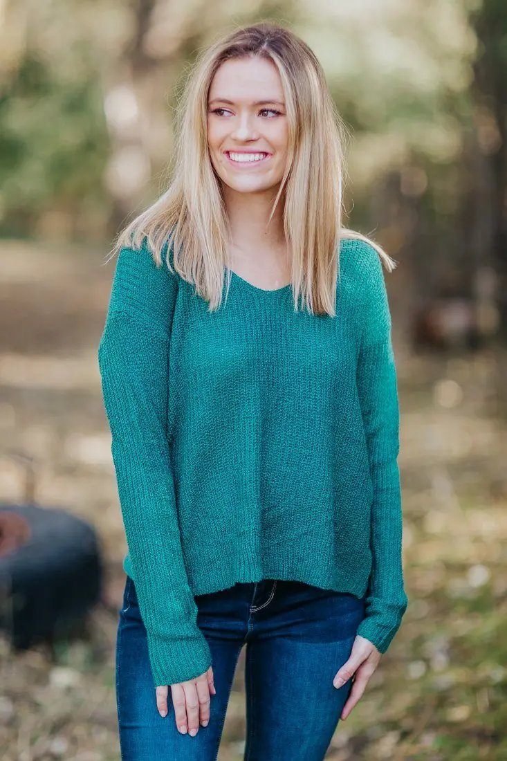 Addicted Knit Long Sleeve Open Back Twist Top In Jade Green 1