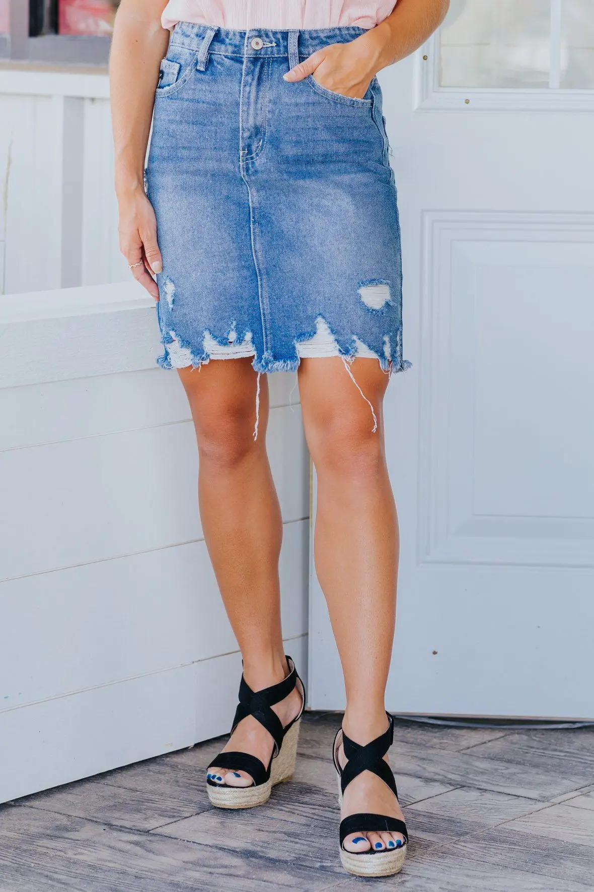 Kaena Kancan Medium Wash Distressed Denim Skirt 1