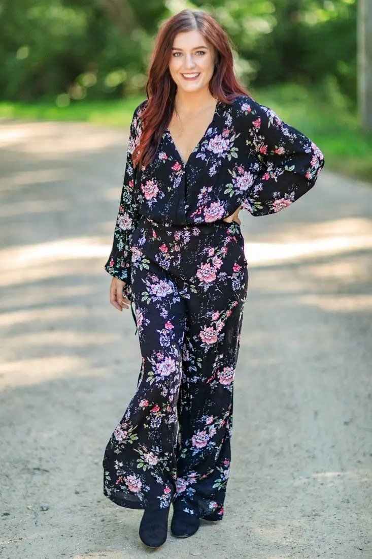 So Beautiful Floral Surplice Top Elastic Waist W/ Wide Leg Matching Pants In Black 1