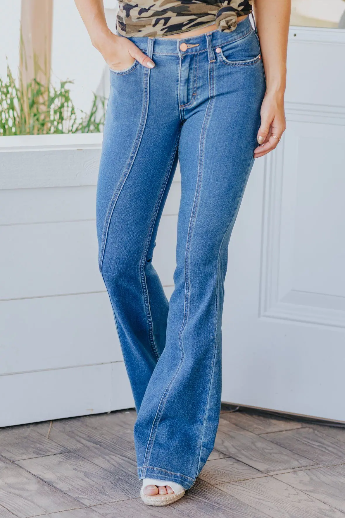 Wes Wrangler Medium Wash High Rise Seamed Flare Jeans 1