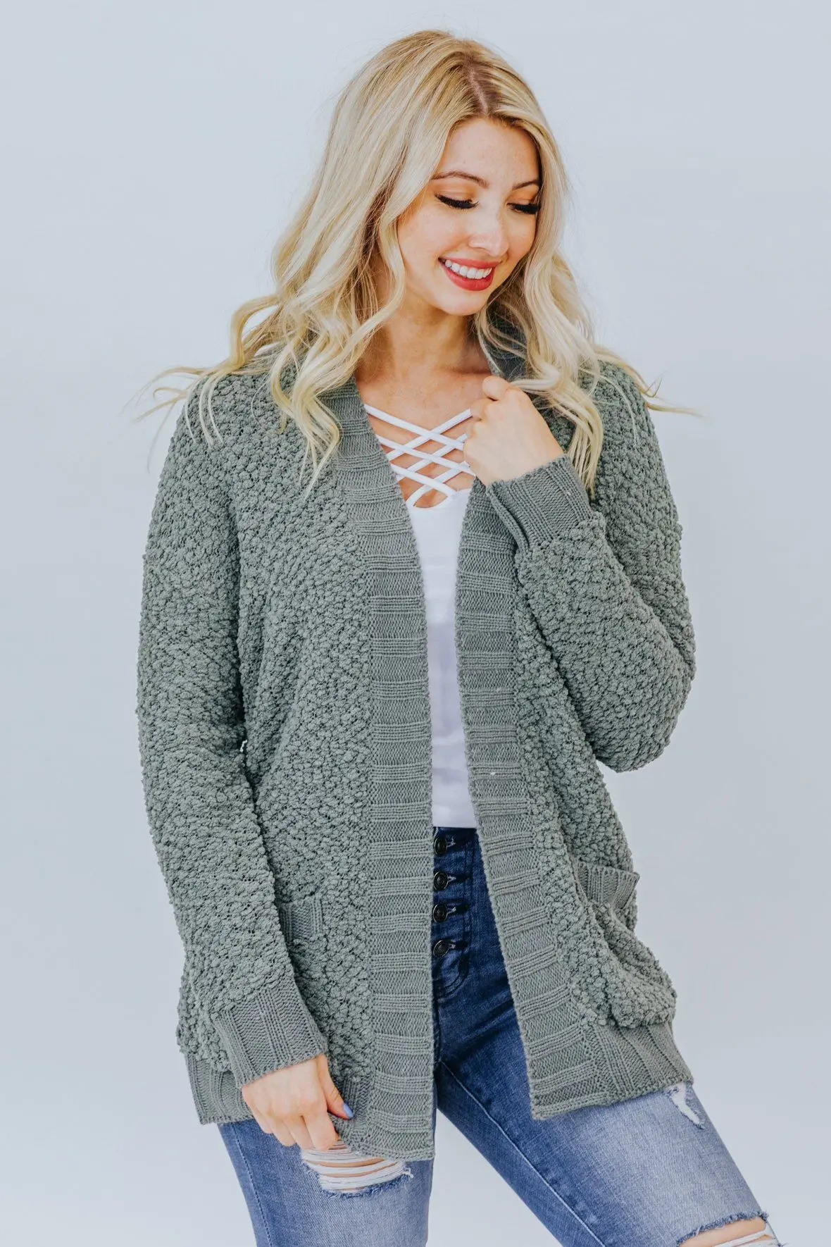 Home Sweet Home Popcorn Open Cardigan In Olive 1