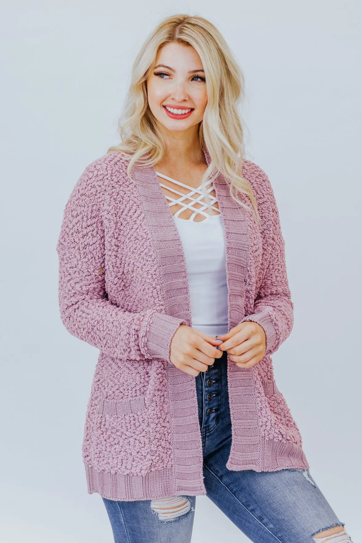 Home Sweet Home Popcorn Open Cardigan In Mauve 1