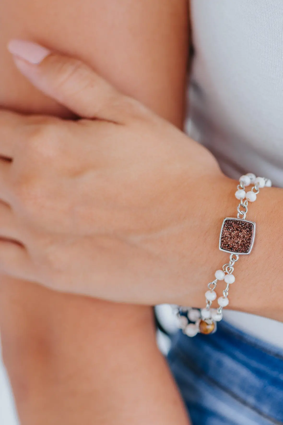 Filly Flair White Beaded Bronze Square Druzy Bracelet 1