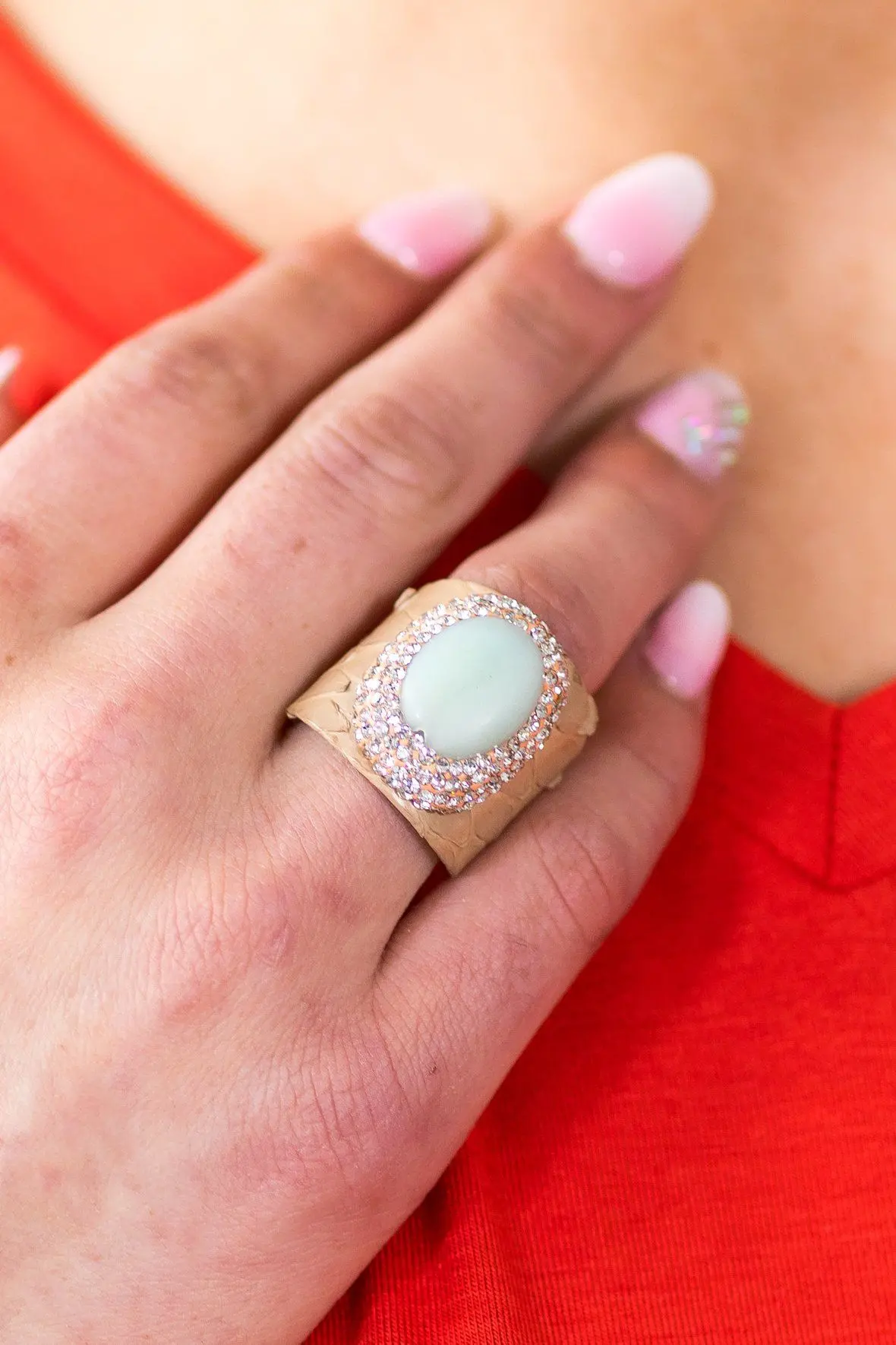 She's My Everything Mint Stone Wrap Ring In Tan Snakeskin 1