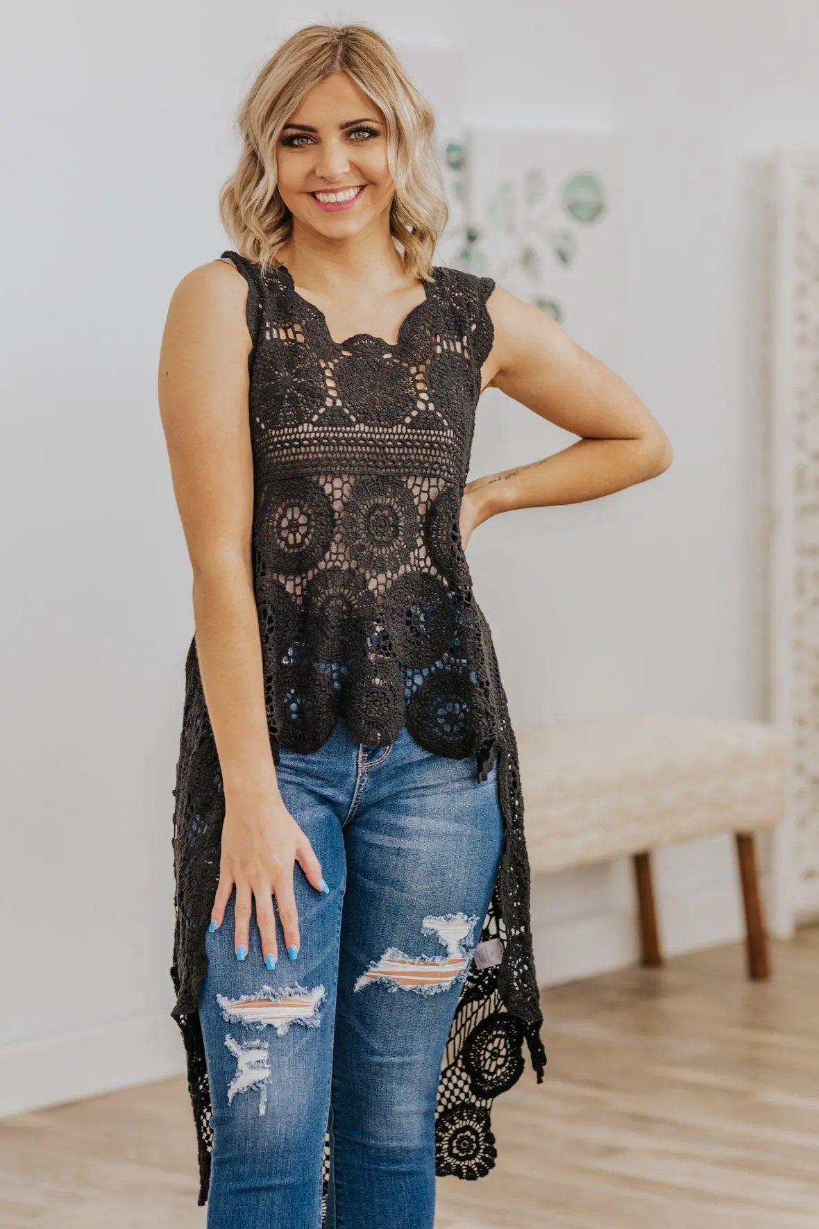 I Declare Crochet High Low Sleeveless Tunic Top In Black 1