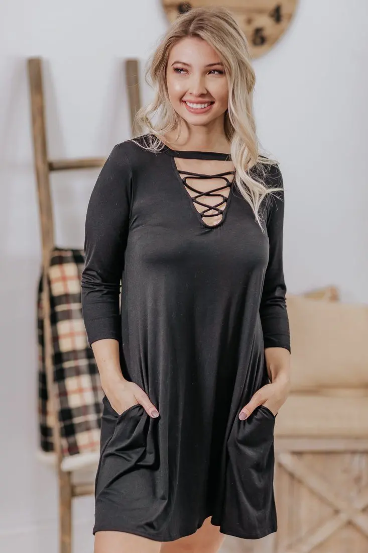 We Don't Mess Around Criss Cross Neckline 3/4 Sleeve Dress In Black 1