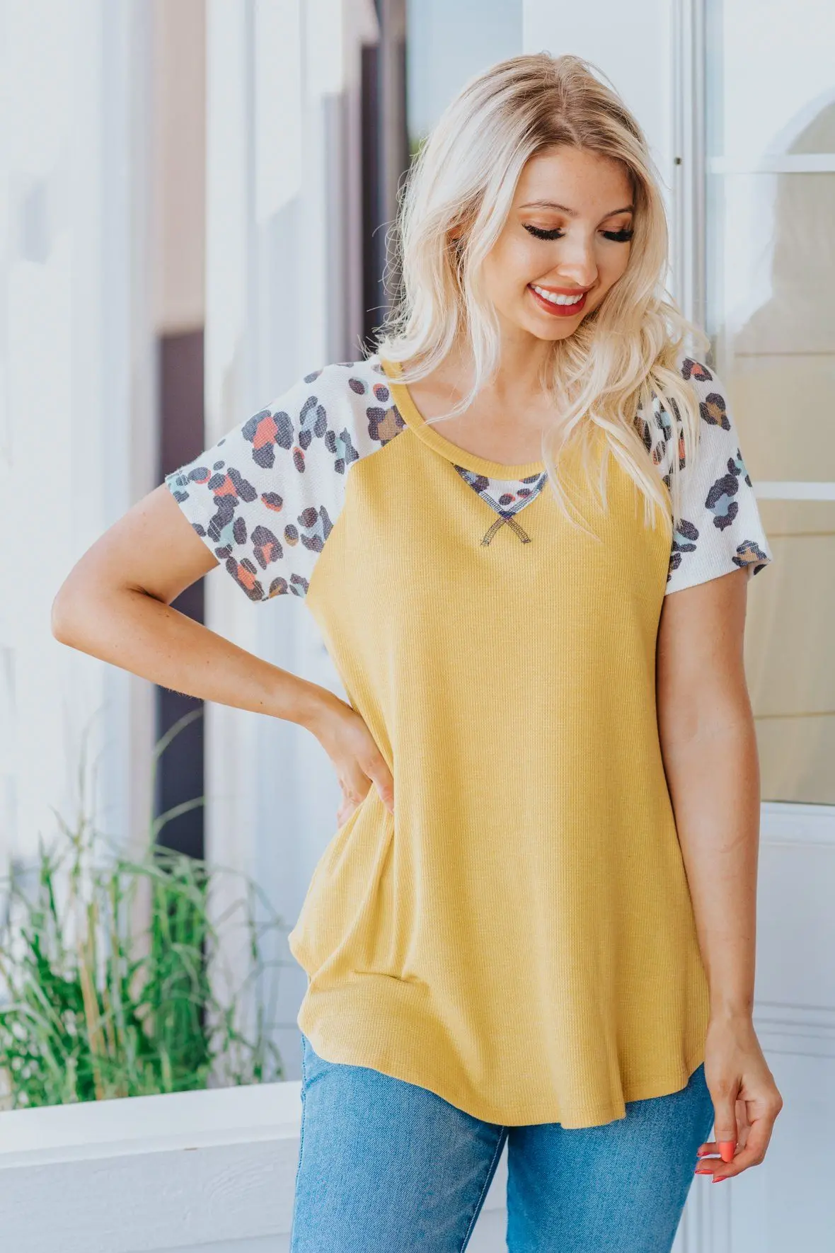 Dance In The Sun Animal Print Detail Short Sleeve Top In Yellow 1