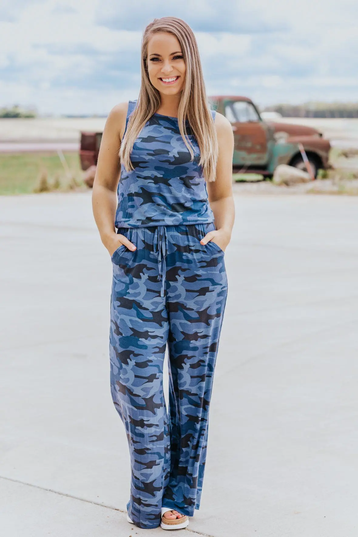 Hidden From The Truth Camouflage Sleeveless Jumpsuit In Navy 1
