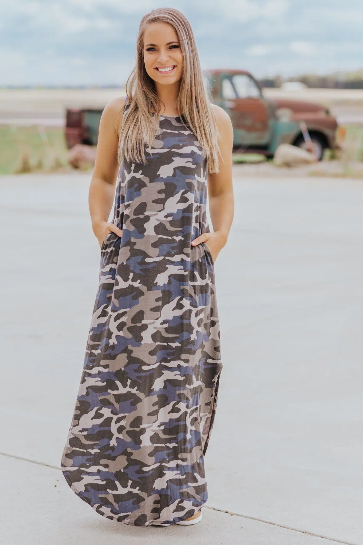 The Last Goodbye Camouflage Sleeveless Maxi Dress In Dusty Olive 1