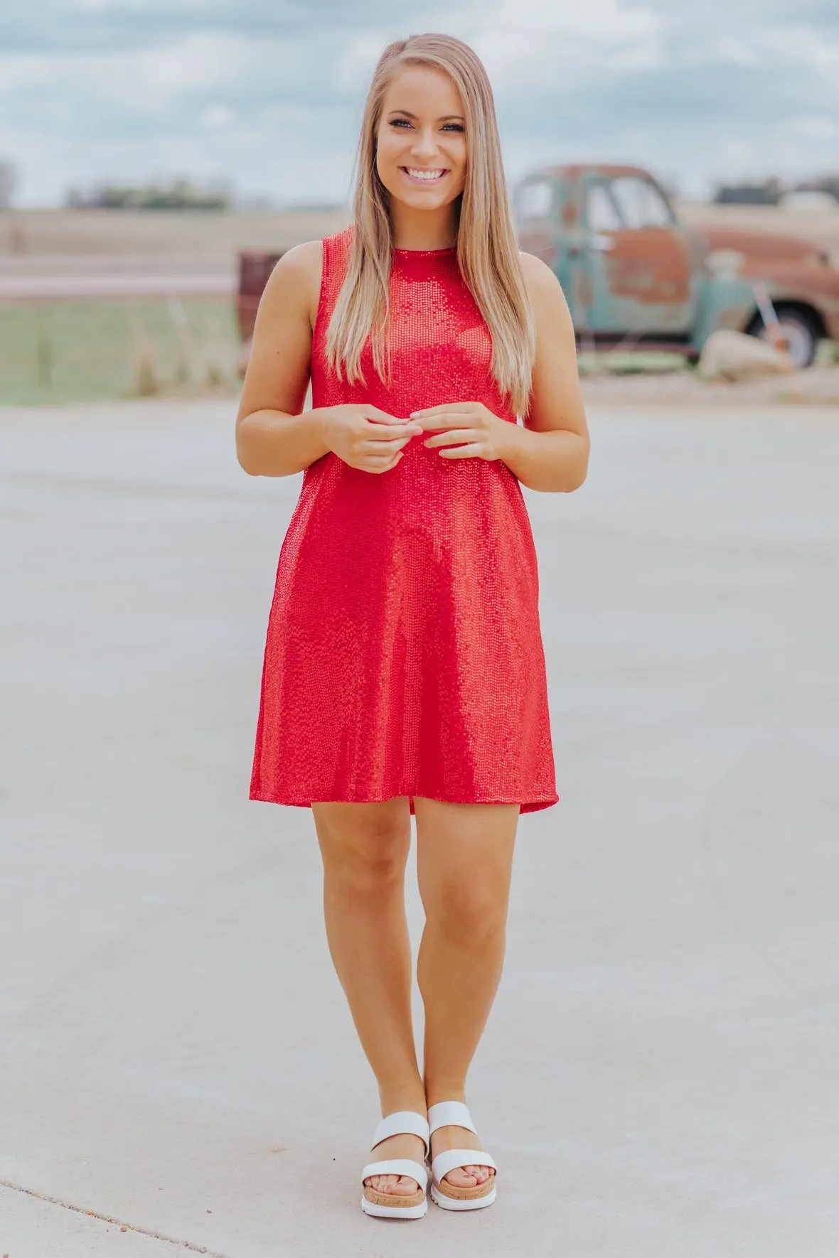 Holiday Fever Sequin Sleeveless Mini Dress In Red 1