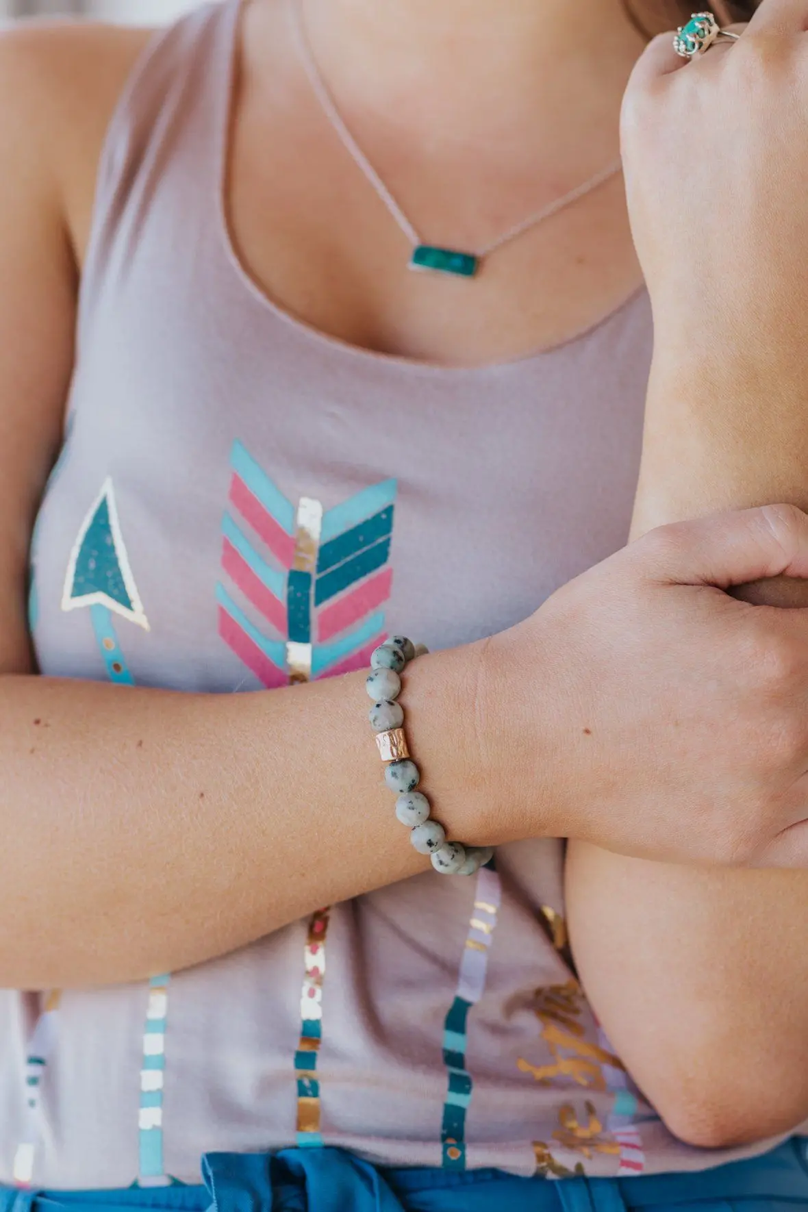 Throw It On Natural Stone Matte Finish Bead Stretch Bracelet In Sage 1