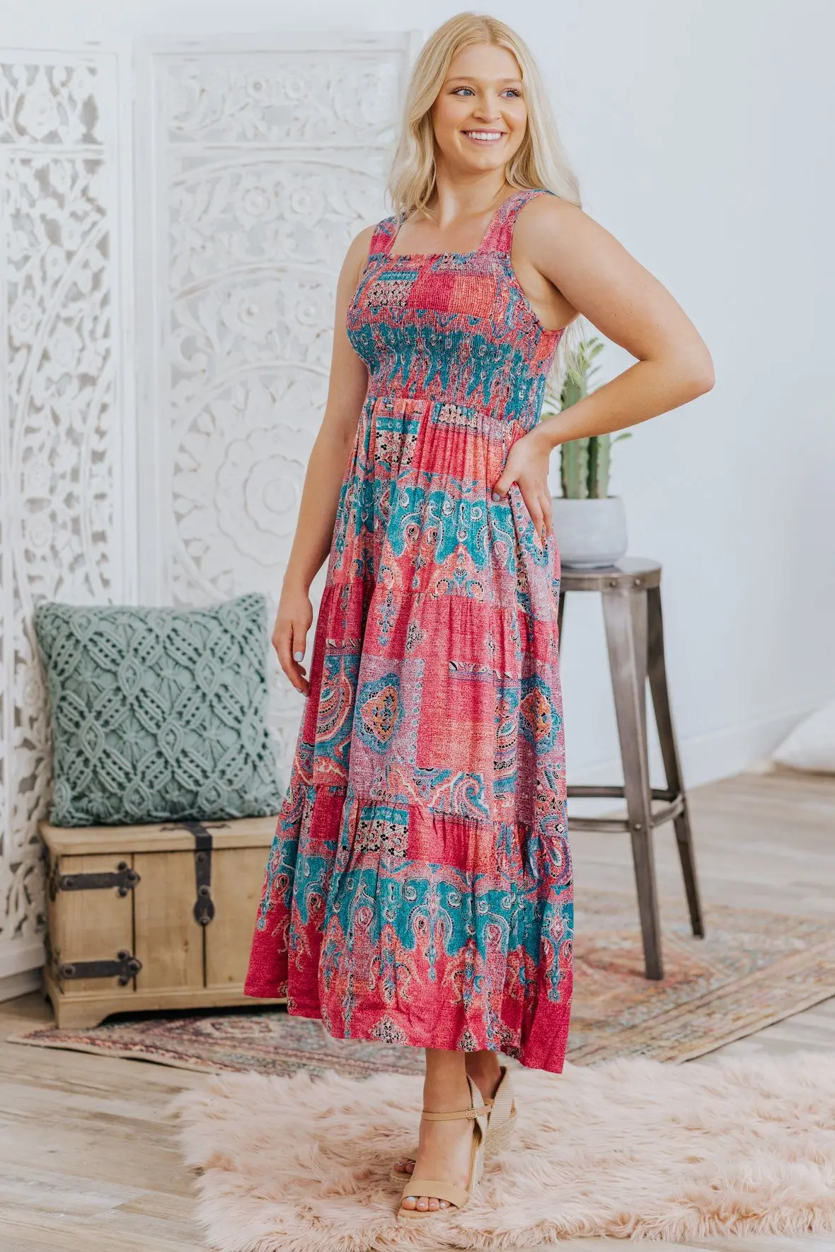 Just Say So Smocked Maxi Dress In Blue/Red 1
