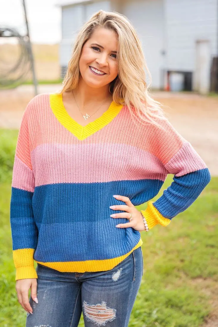 I Do What I Want To Color Block Long Sleeve Knit Open Keyhole Back Detail In Blue Yellow Pink 1