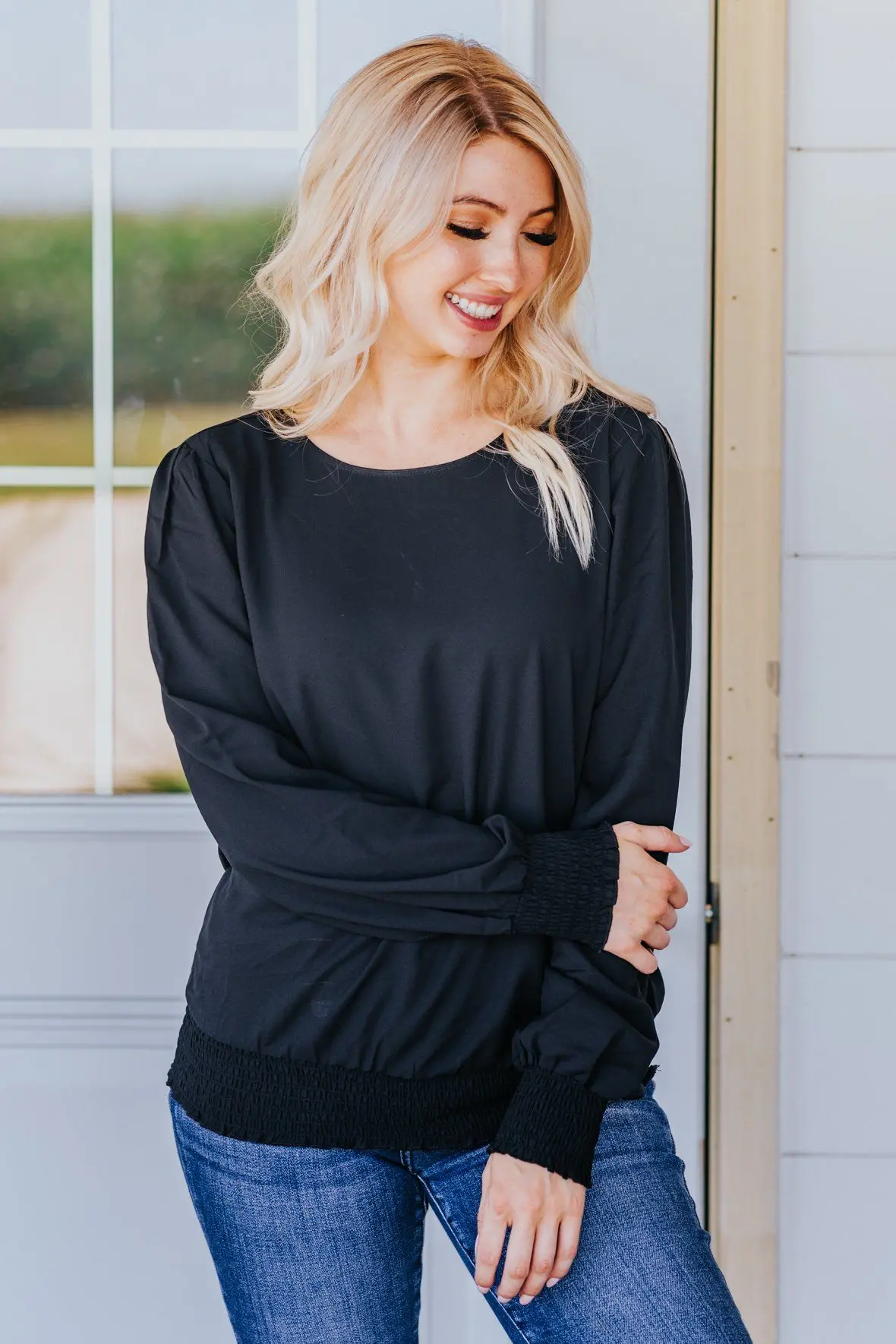 Sunday Morning Vibes Smocked Hem Long Sleeve Top In Black 1