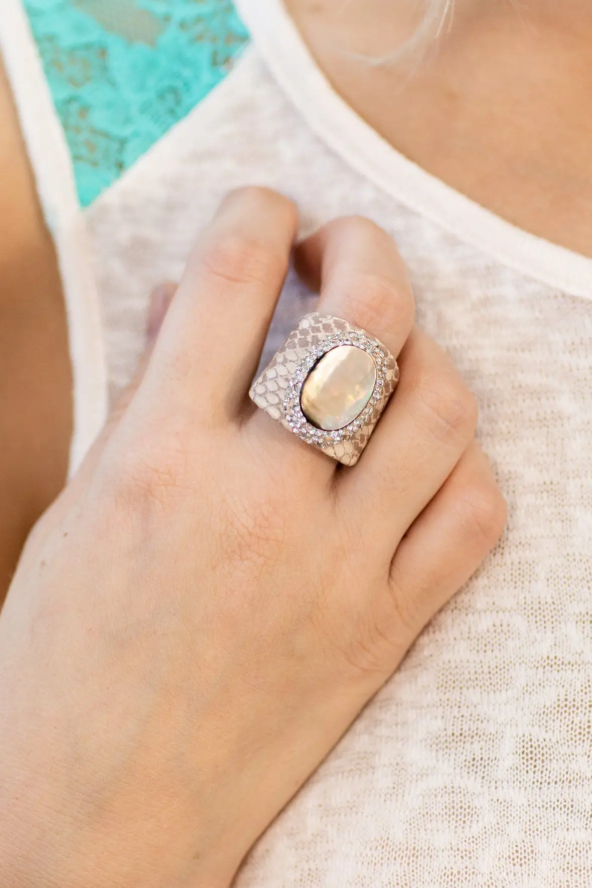 She's My Everything Taupe Iridescent Stone Wrap Ring In Tan Snakeskin 1